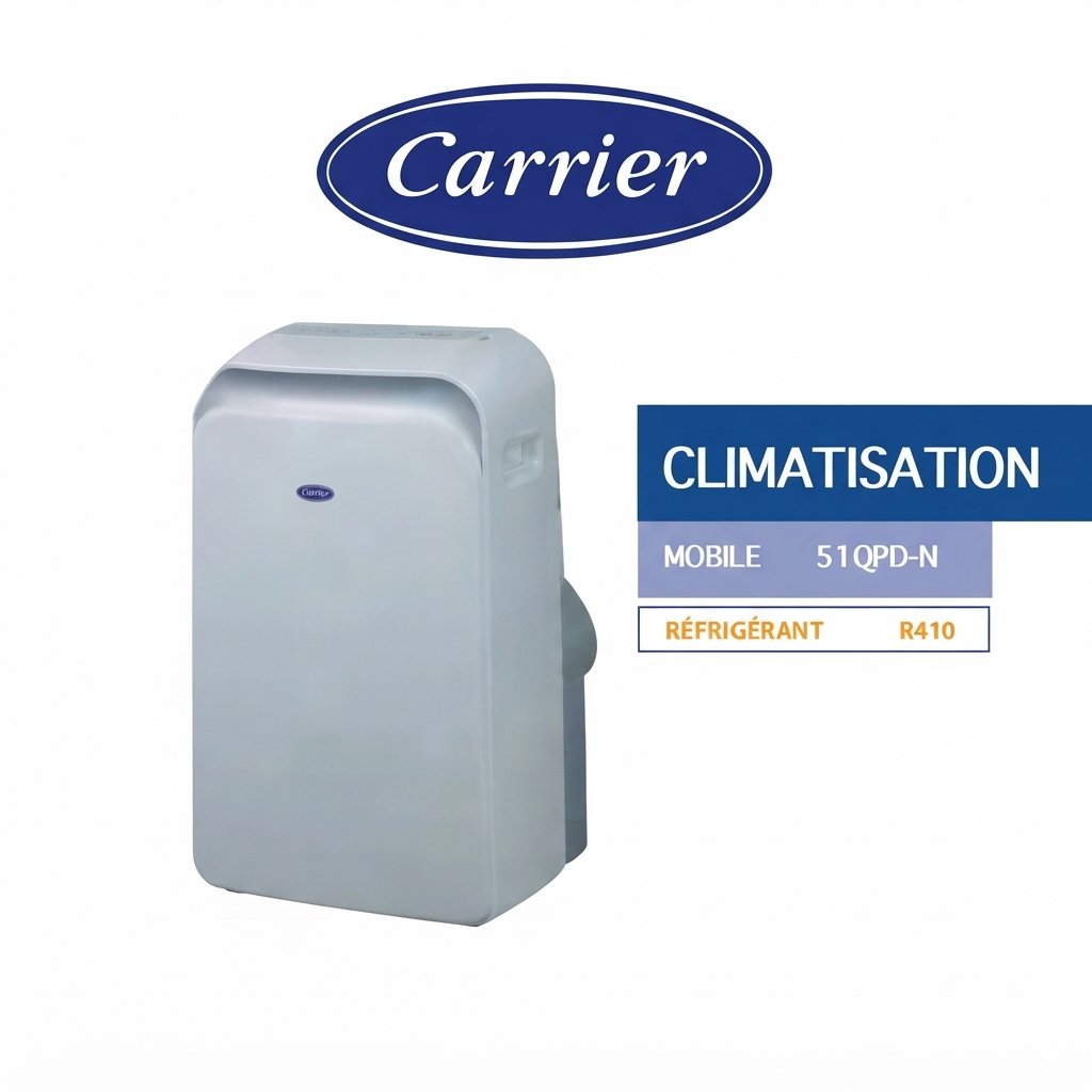 Climatiseur Carrier Mobile 12000 BTU – Design Compact 4 Roulettes – Gaz R410A – Mode Sleep et Auto Restart (Modèle 51QPD012N5-1)